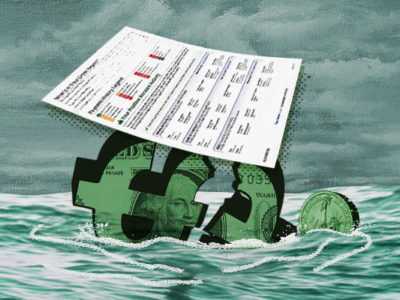 Sinking dollar sign and credit report representing bankruptcy