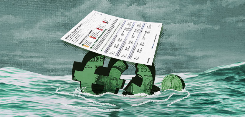 Sinking dollar sign and credit report representing bankruptcy