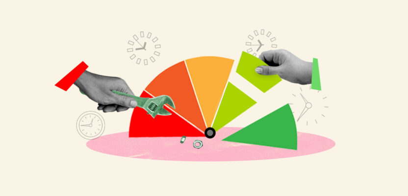 Credit score gauge being fixed representing how long it takes to repair credit