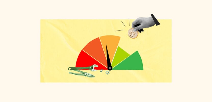 Person paying to fix a broken credit score gauge, which represents how much credit repair costs