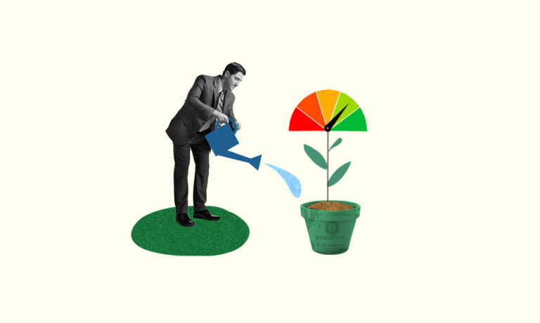 Man improving his credit score, represented by watering a credit-score plant