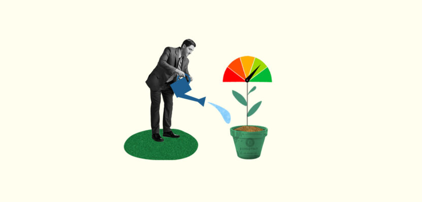 Man improving his credit score, represented by watering a credit-score plant