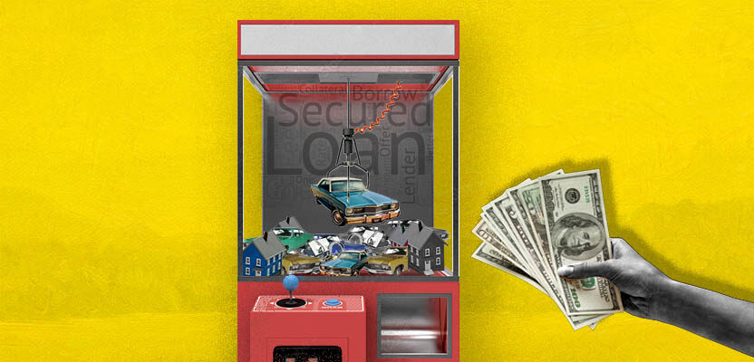 Cars and other collateral in a claw grab machine representing secured loans