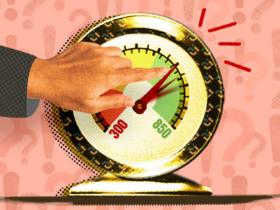 Hand poking a gauge representing credit score increase