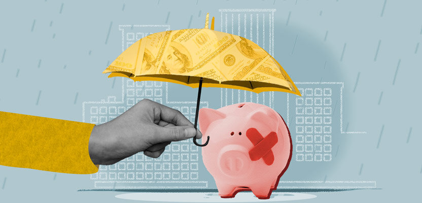 Umbrella over piggy bank representing a hardship program