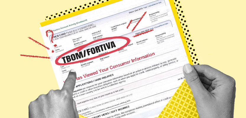 Credit report showing TBOM/Fortiva inquiry