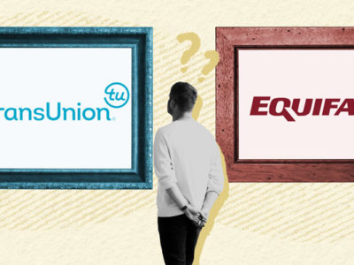 Man looking between a TransUnion and Equifax logo