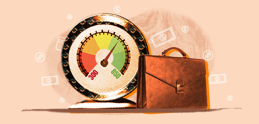 Briefcase and gauge representing business credit score