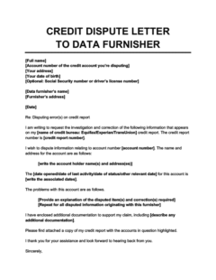 Credit dispute letter to data furnisher