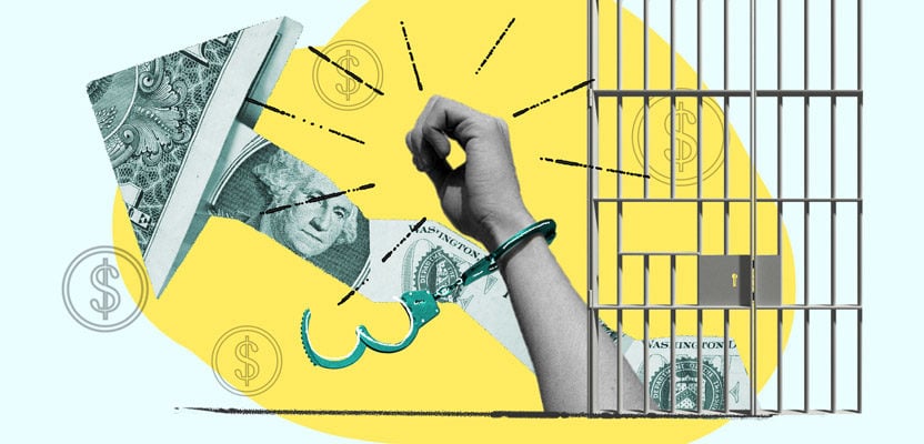 Prisoner's hand reaching from prison cell after being released alongside arrow made of dollar bills