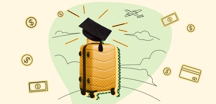 Suitcase and graduate's cap representing traveling on a budget after graduation