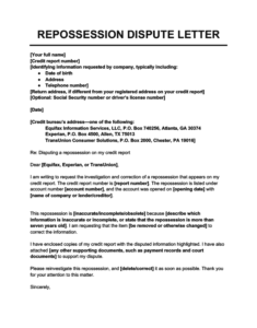 repossession dispute letter template