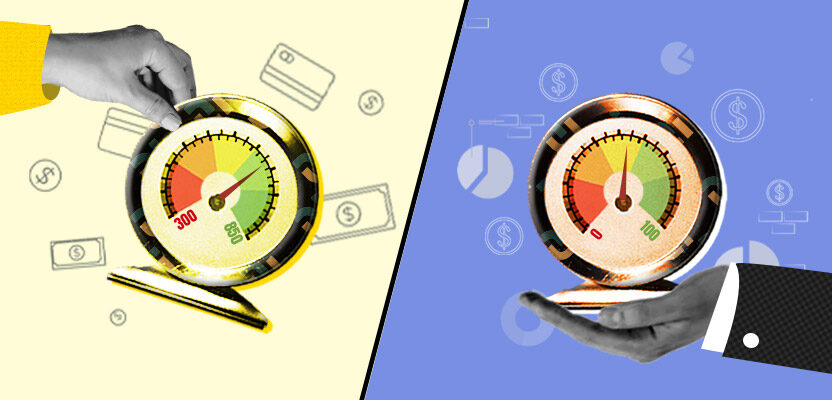 Two credit score gauges with different colors representing business credit vs personal credit