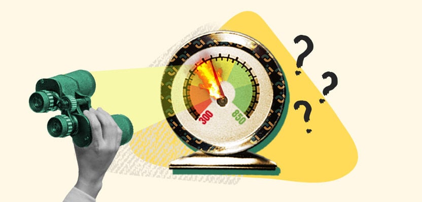 Binoculars pointing at credit score gauge representing checking credit score