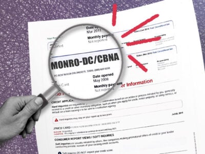 Credit report showing MONRO-DC/CBNA inquiry