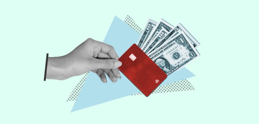 Credit-card shaped wallet full of money representing paying in full