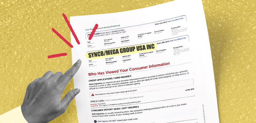 Credit report showing SYNCB/MEGA Group USA Inc inquiry