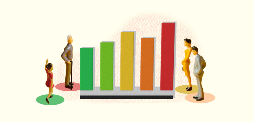 Old and young people standing by a bar graph representing average credit score by age