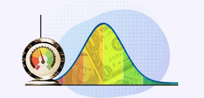 Credit score gauge next to bell graph representing credit score statistics