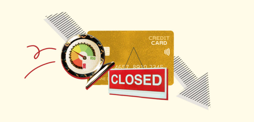 Credit card with a Closed sign with a credit score gauge