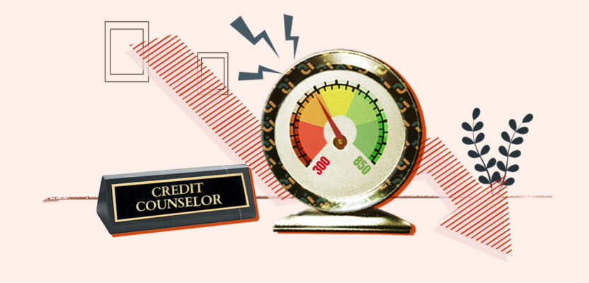 Credit score gauge sitting on a credit counselor's desk