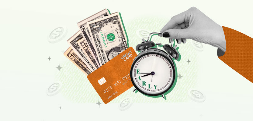 Credit card and alarm clock representing paying credit card off early