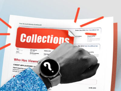 Wristwatch next to a collection account on a credit report