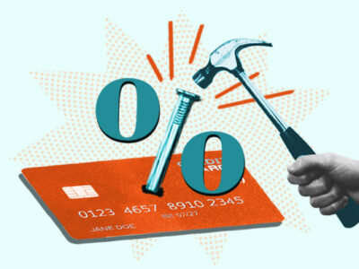 Hammer hitting percent sign representing lowering credit card interest rate