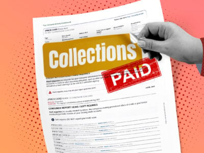 Hand removing a paid collection sticker from credit report