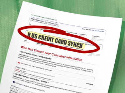 Credit report showing R Us Credit Card SYNCB inquiry