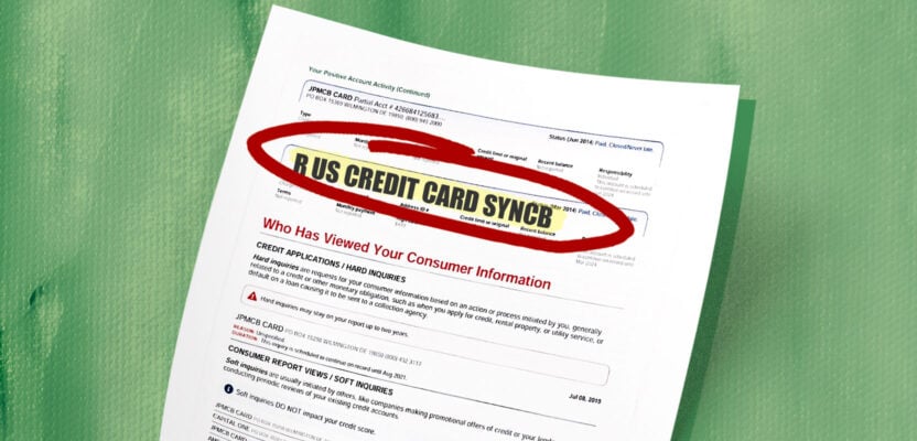 Credit report showing R Us Credit Card SYNCB inquiry