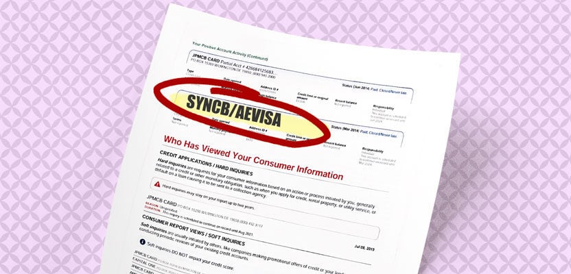 Credit report showing SYNCB/AEVISA inquiry