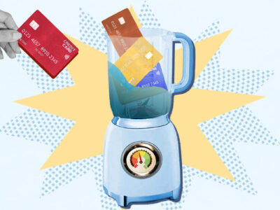 Credit cards in blender representing debt consolidation