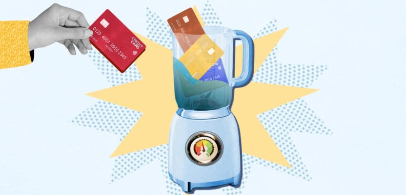 Credit cards in blender representing debt consolidation