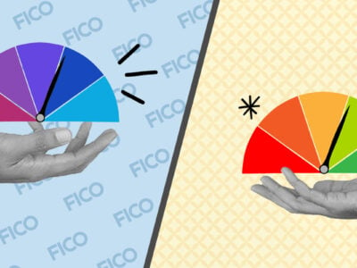 FICO gauge opposite a generic credit score gauge