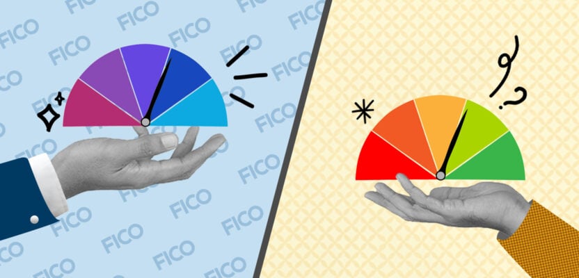 FICO gauge opposite a generic credit score gauge