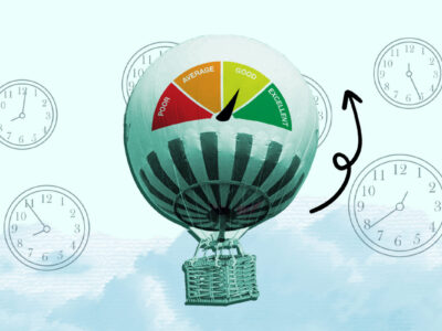 Hot air with credit score gauge picture representing your credit score going up