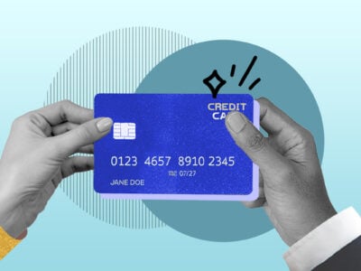 Two people holding a joint credit card