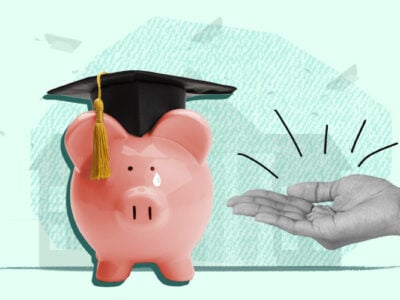 Piggy bank wearing cap representing student loan debt collection