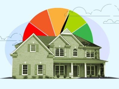 Credit score gauge behind house for sale