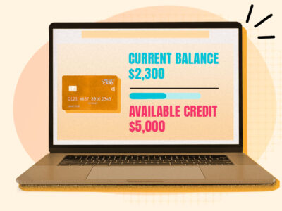 Computer monitor displaying current balance next to available credit