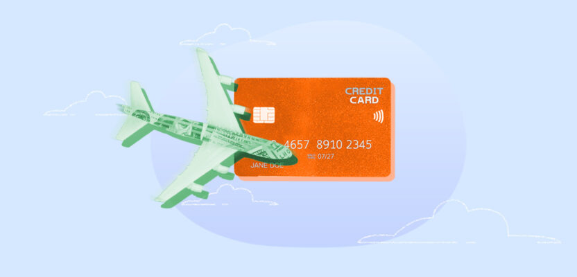 Credit card next to an airplane representing credit card miles