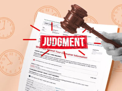 Credit report and gavel representing how long a judgment stays on your credit report