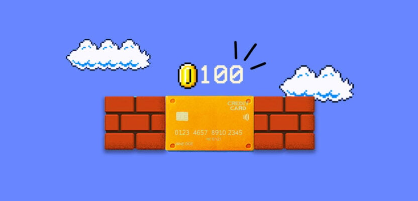 Screen showing 100 points in a video game symbolizing credit card points