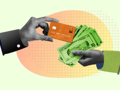 Hand exchanging money for a credit card representing a security deposit