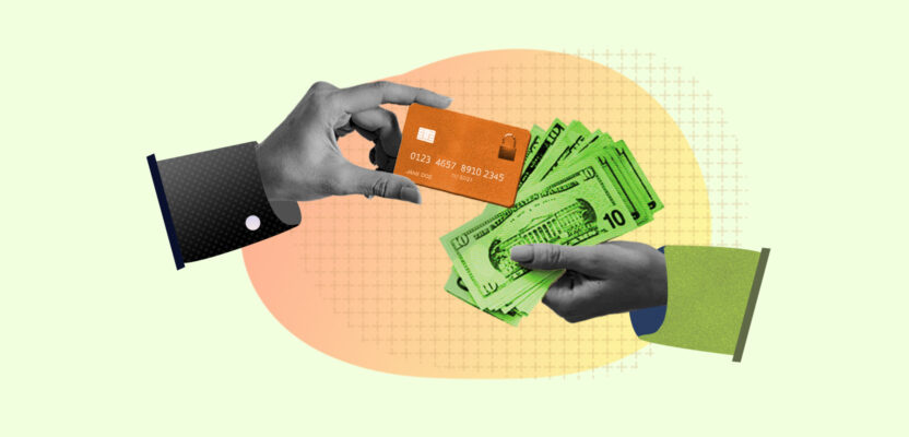 Hand exchanging money for a credit card representing a security deposit