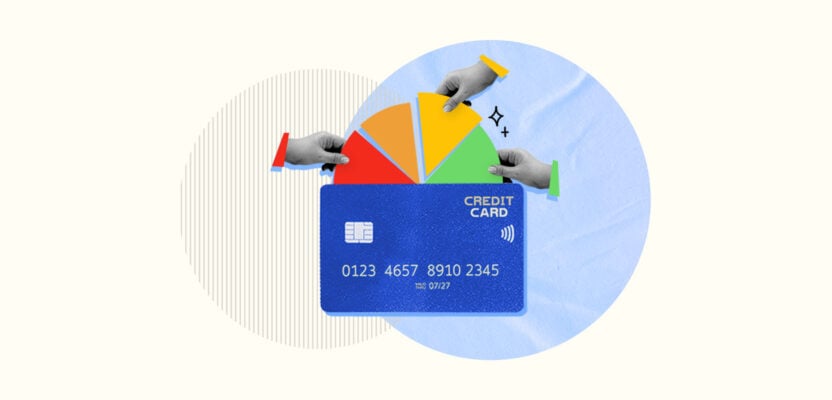 Credit card with FICO gauge on the top representing credit building