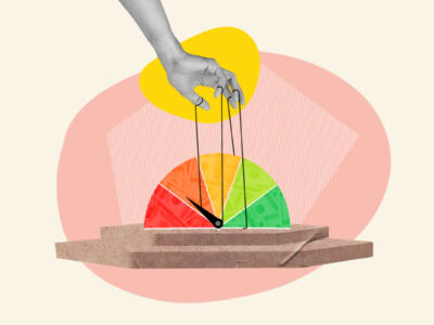 Credit score gauge on marionette strings representing rigging