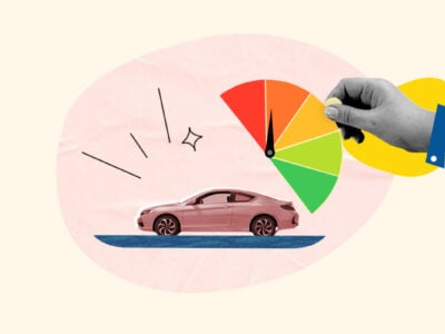 Car underneath credit score gauge symbolizing buying a car with bad credit