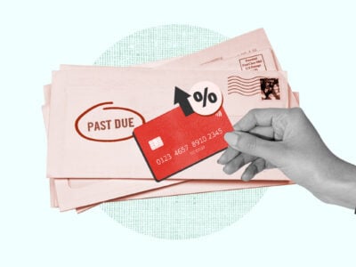 Credit card with a Past Due envelope showing a penalty APR